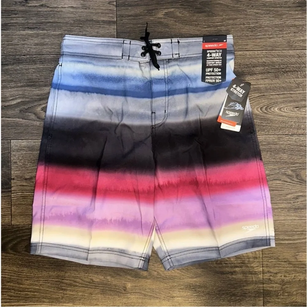 Speedo Mens Eco 4-Way Stretch Board Shorts Ombre Stripe Swim Trunks Multicolor S